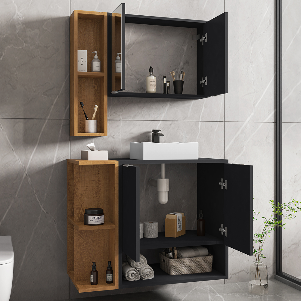 Gabinete Espelheira E Cuba Branca 70 cm Ibiza Preto Fosco Naturalle BECHARA