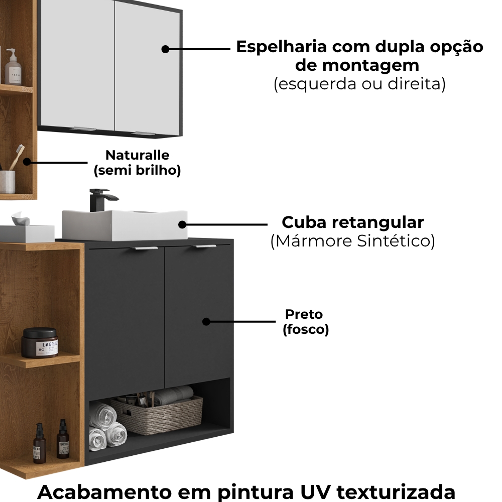 Gabinete Espelheira E Cuba Branca 70 cm Ibiza Preto Fosco Naturalle BECHARA