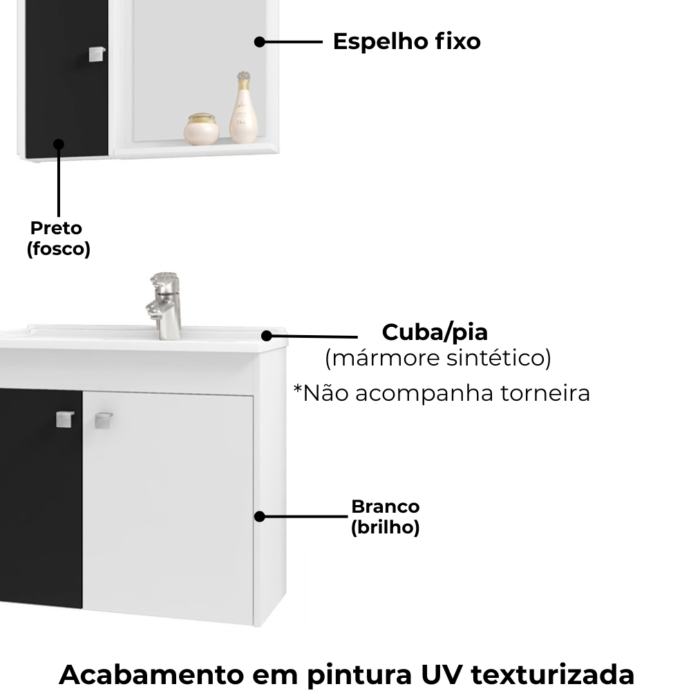 Gabinete Espelheira Lavatorio Munique Branco Preto BECHARA
