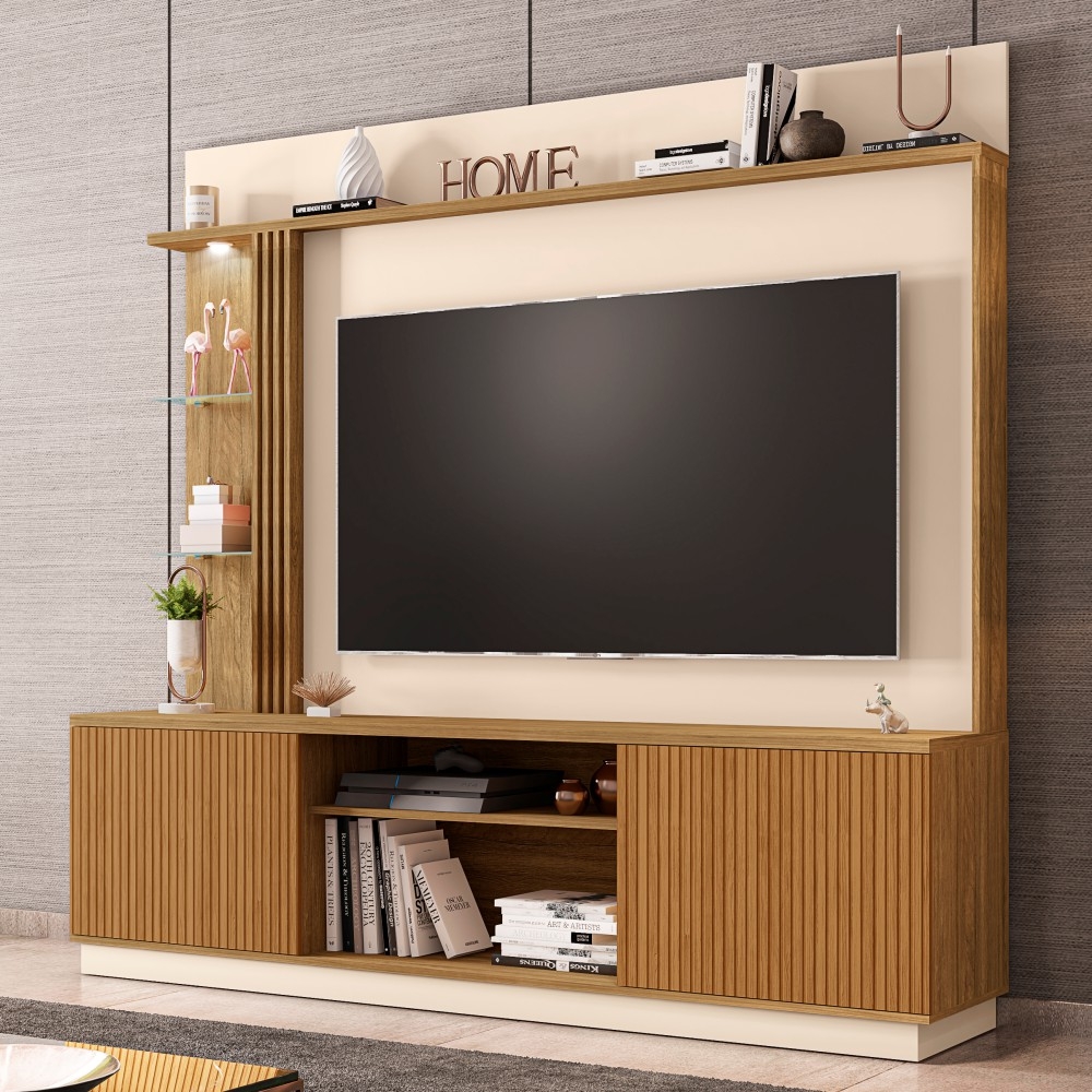 Home para TV com Led Cassiane Cinamomo Off White Pintura 3D Ripada