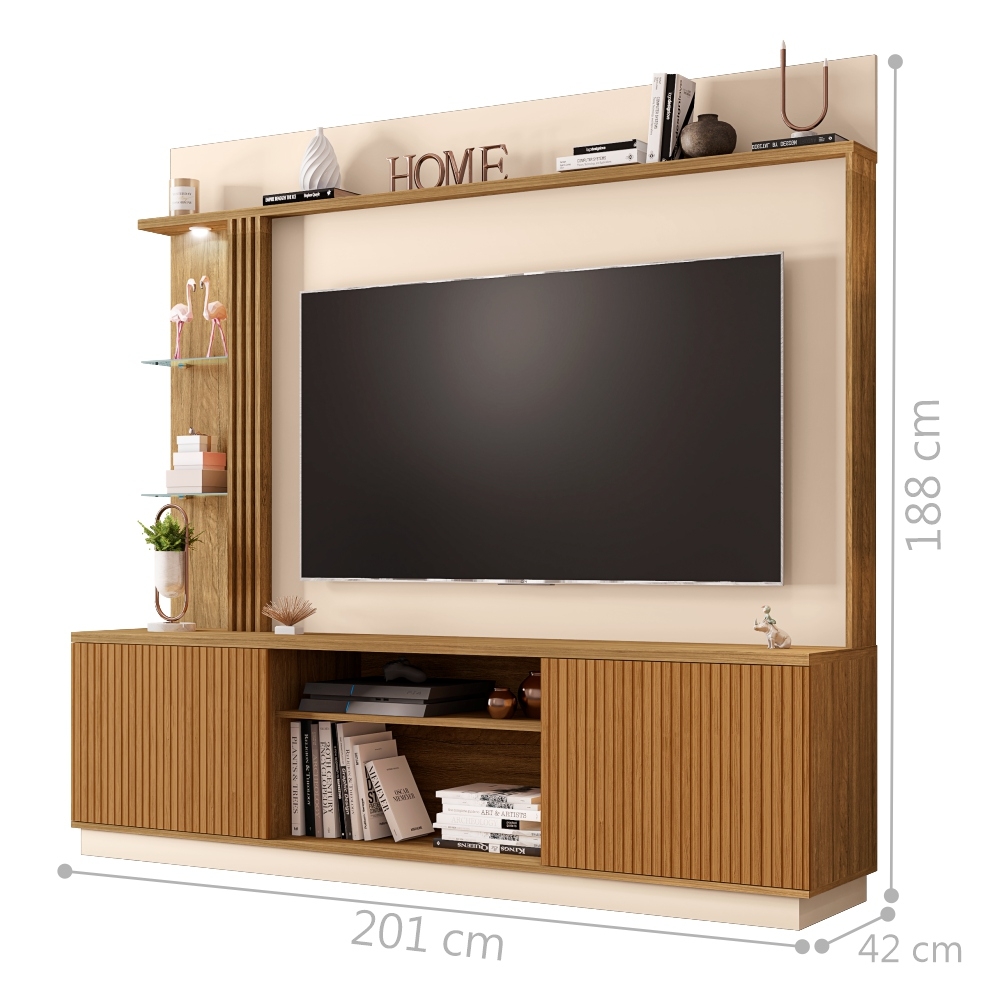 Home para TV com Led Cassiane Cinamomo Off White Pintura 3D Ripada