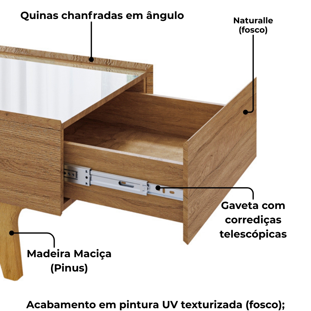 Mesa De Centro Com Espelho 1 Gaveta Sena 90 cm Naturalle BECHARA