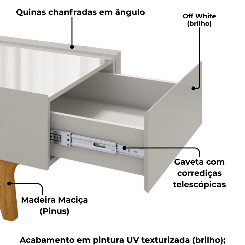 Mesa De Centro Com Espelho 1 Gaveta Sena 90 cm Off White BECHARA 