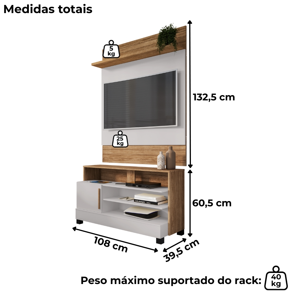 Painel Guaratuba E Rack Pipa Tv 48 Pol 108 cm Cinamomo Off White BECHARA