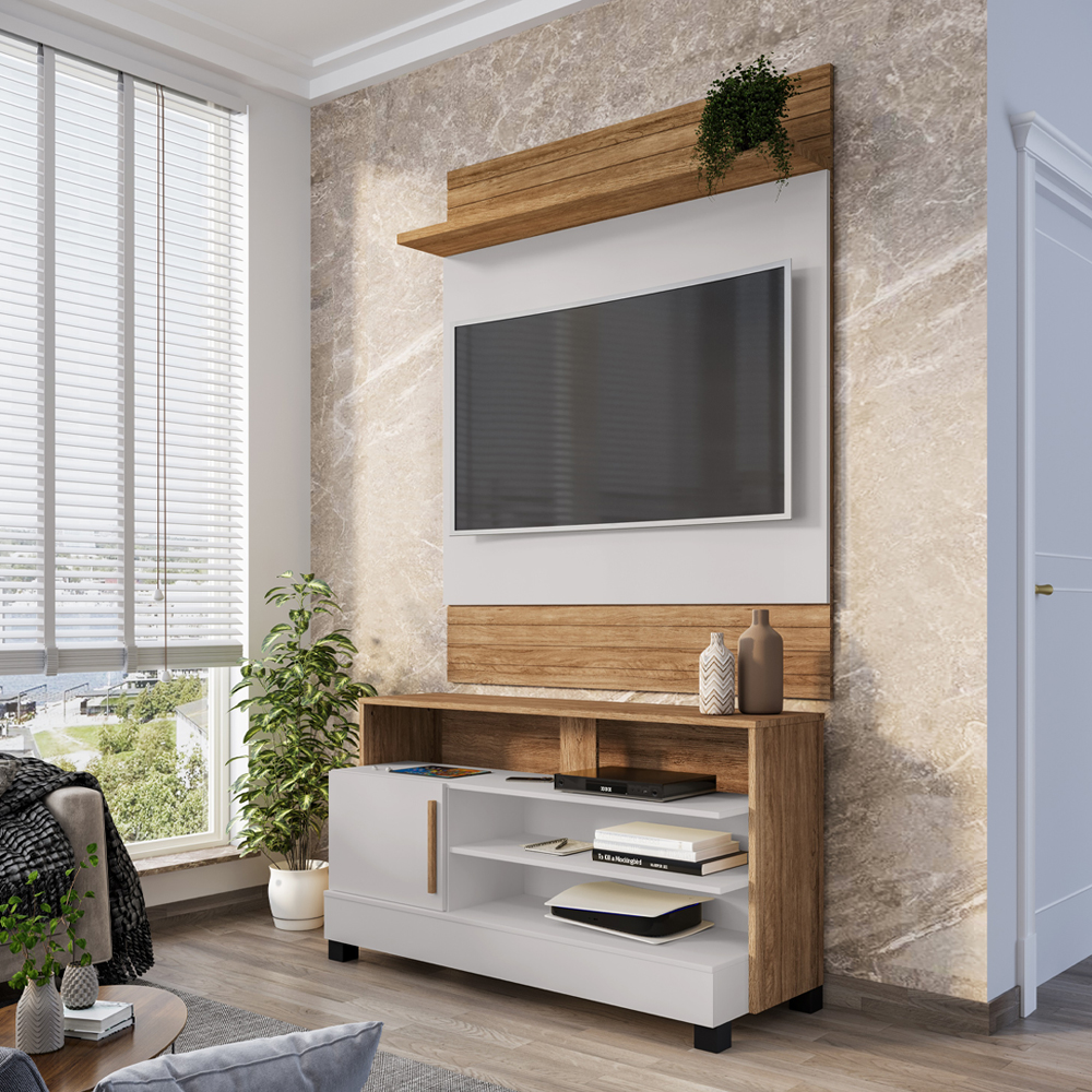 Painel Guaratuba E Rack Pipa Tv 48 Pol 108 cm Cinamomo Off White BECHARA