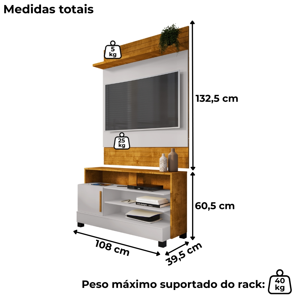 Painel Guaratuba E Rack Pipa Tv 48 Pol 108 cm Naturalle Off White BECHARA
