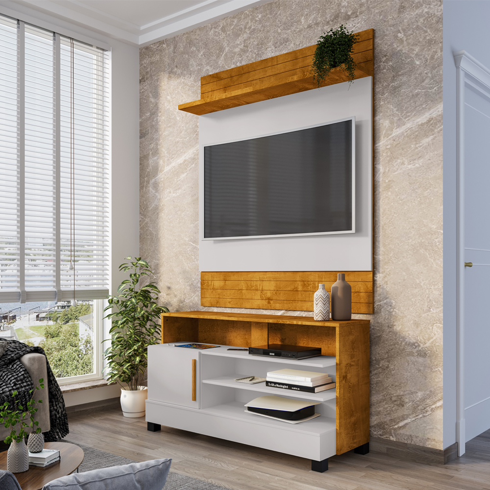 Painel Guaratuba E Rack Pipa Tv 48 Pol 108 cm Naturalle Off White BECHARA