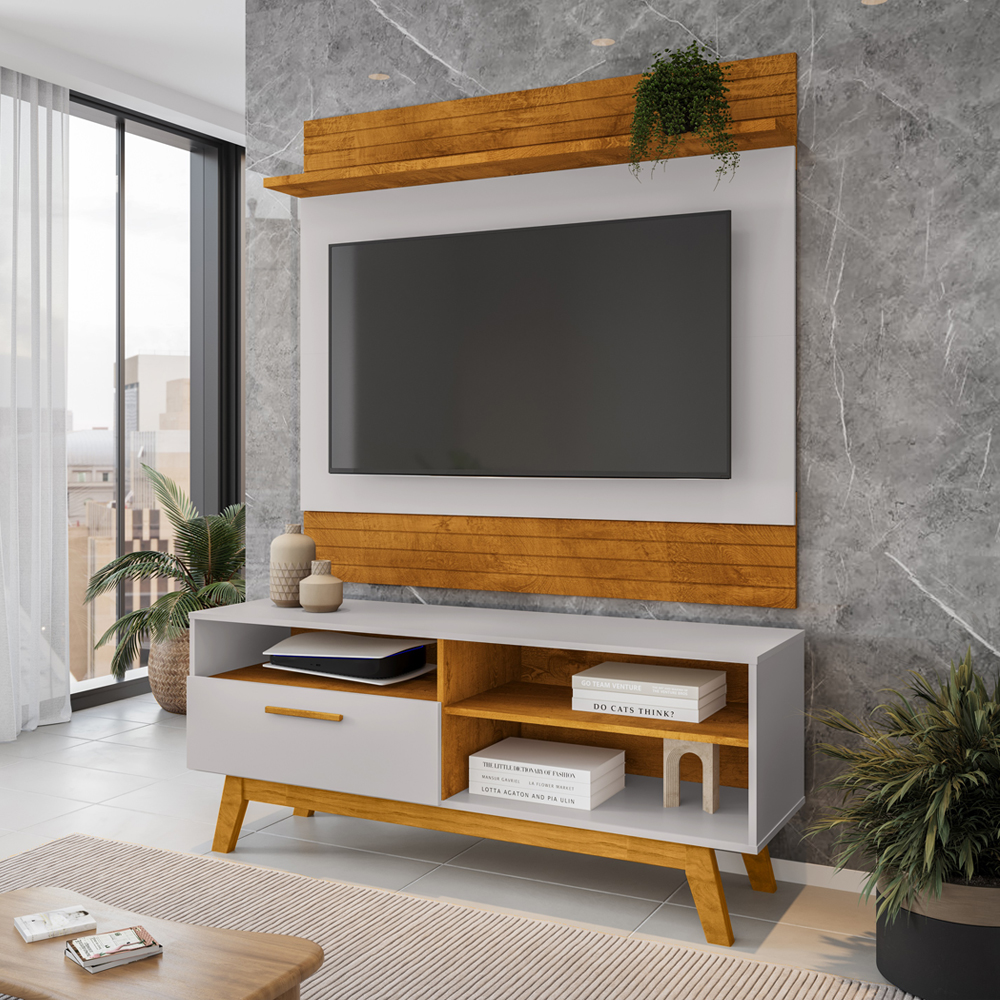Painel Guaruja E Rack Paladio Tv 55 Pol 136 cm Naturalle Off White BECHARA