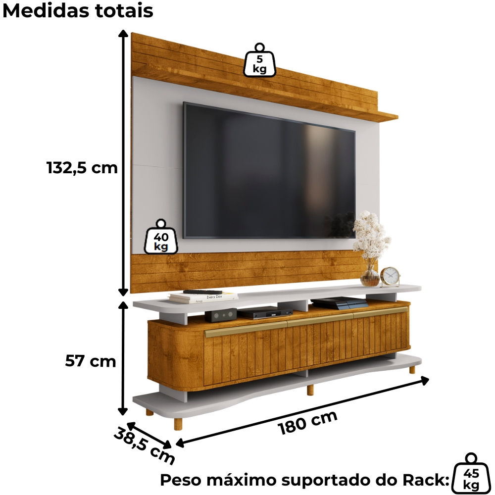 Painel Icarai E Rack Guarapari Tv 75 Pol 180 cm Naturalle Off White BECHARA
