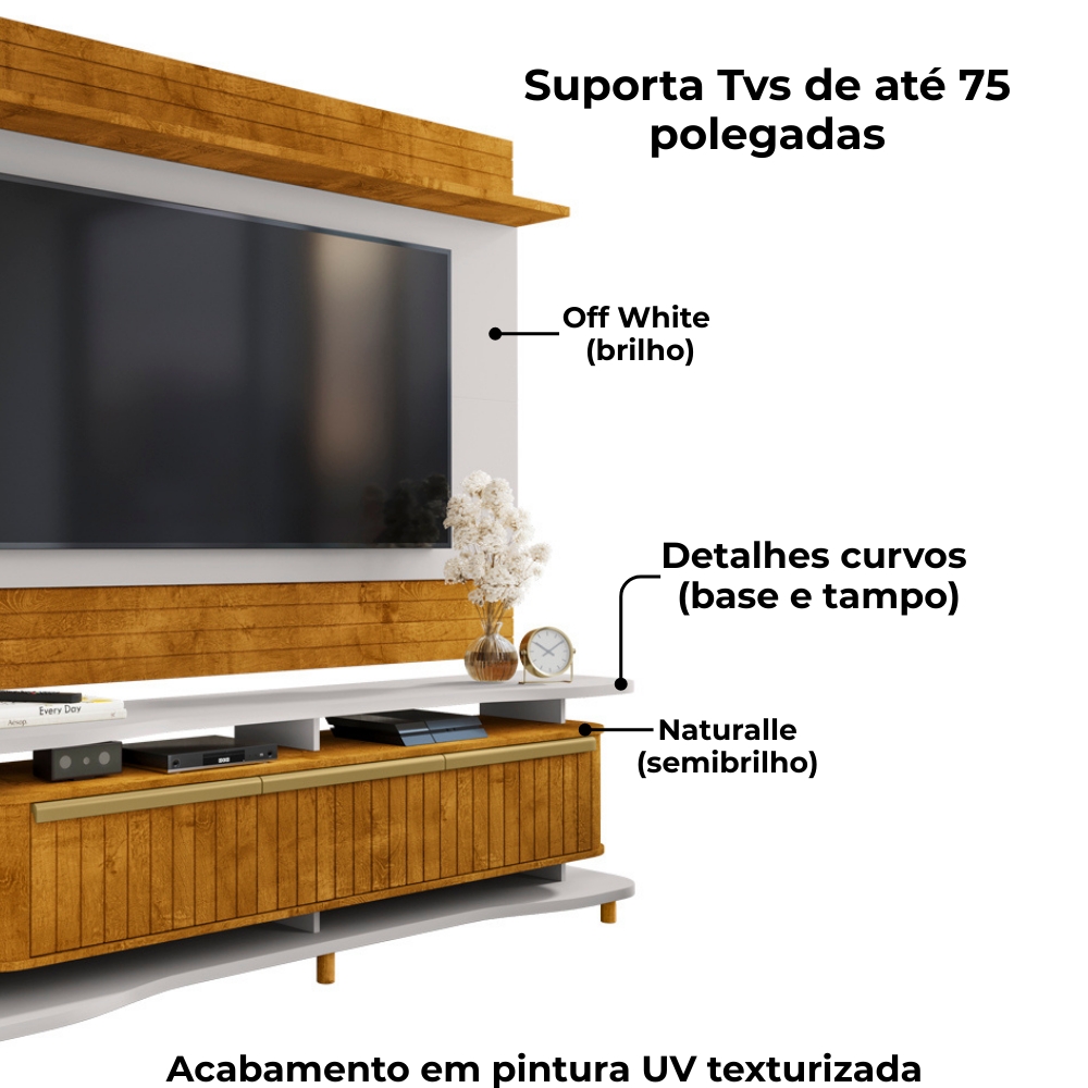 Painel Icarai E Rack Guarapari Tv 75 Pol 180 cm Naturalle Off White BECHARA