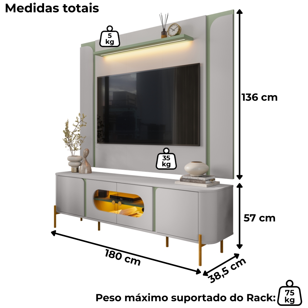 Painel Maresias E Rack Juquehy Tv 75 Pol 180 cm Off White Pistache BECHARA