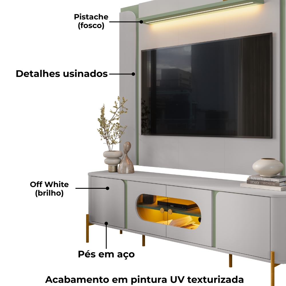Painel Maresias E Rack Juquehy Tv 75 Pol 180 cm Off White Pistache BECHARA
