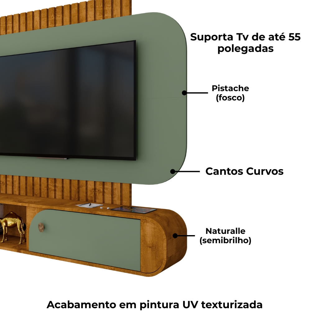 Painel Suspenso Organico Tv 55 Pol 156 cm Jurere Naturalle Pistache BECHARA