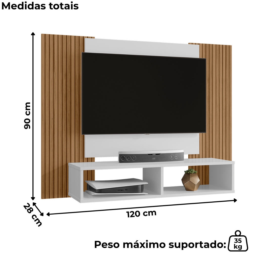 Painel Suspenso Tv 48 Pol 120 cm Navi Branco Ripado BECHARA