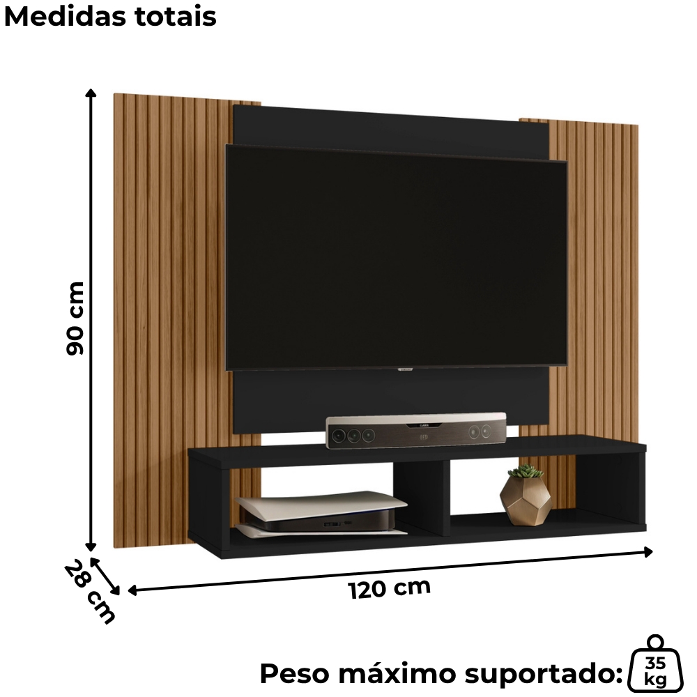 Painel Suspenso Tv 48 Pol 120 cm Navi Preto Fosco Ripado BECHARA