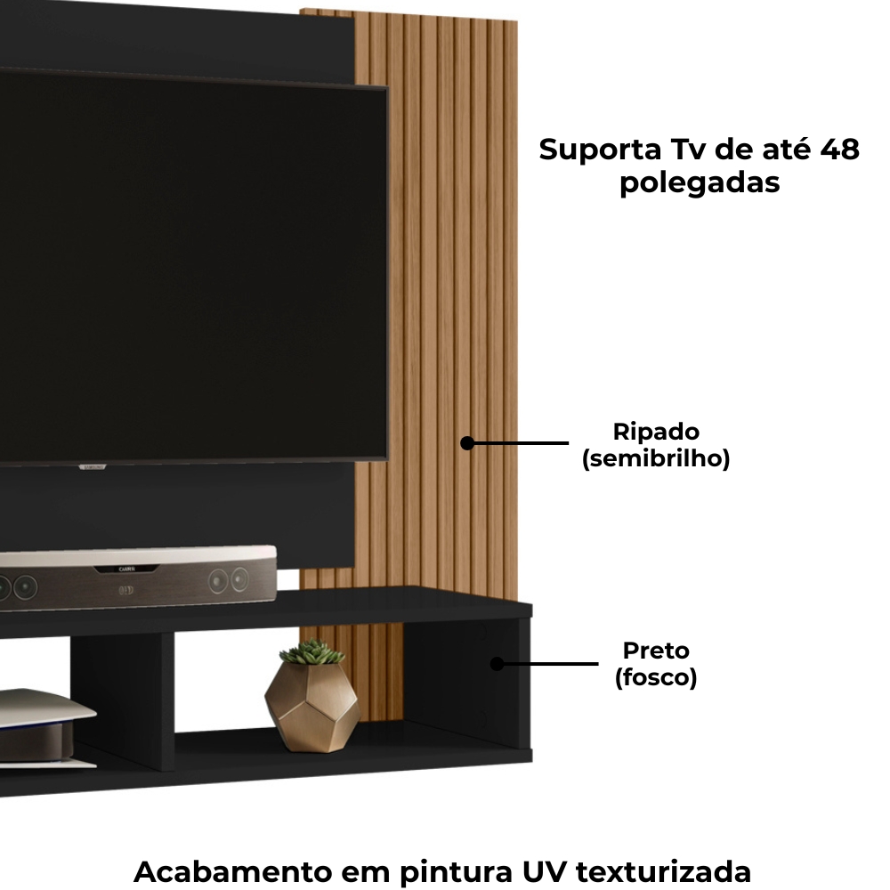 Painel Suspenso Tv 48 Pol 120 cm Navi Preto Fosco Ripado BECHARA