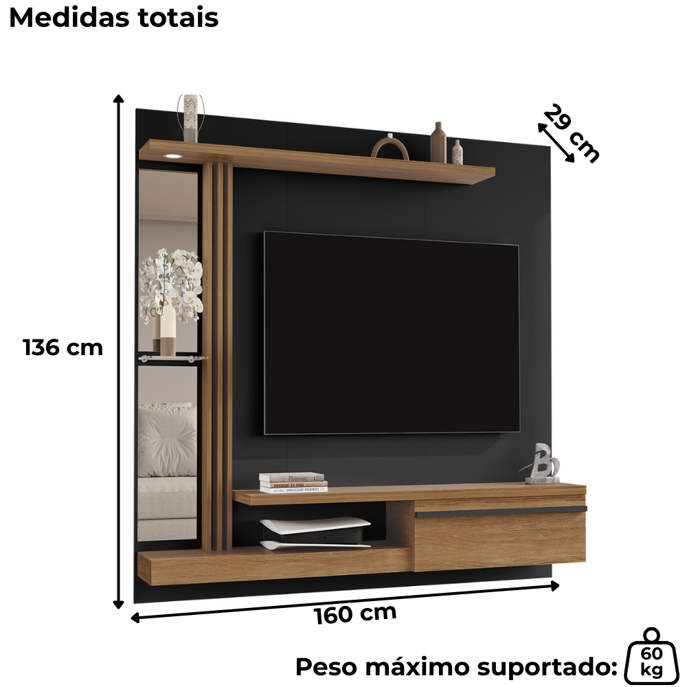 Painel Suspenso Tv 55 Pol 160 cm Denver Preto Cinamomo BECHARA