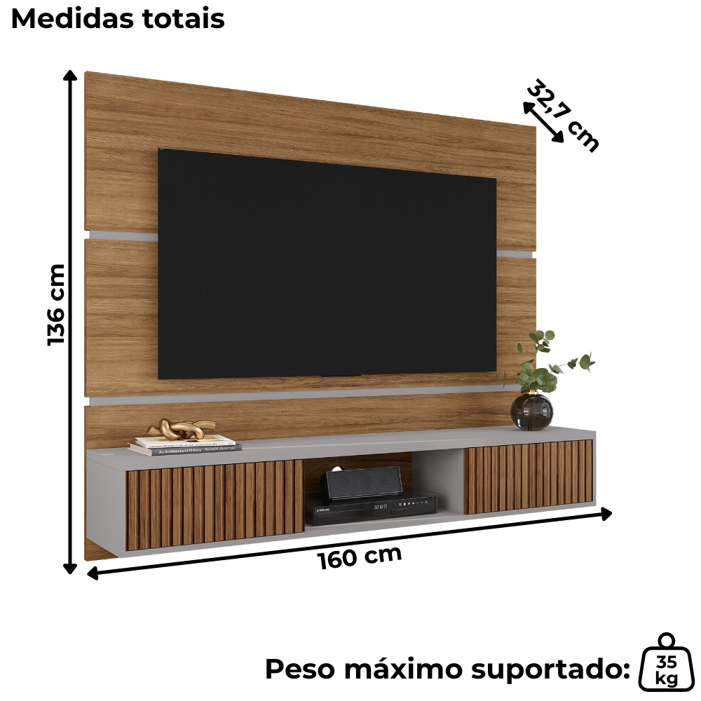 Painel Suspenso Tv 65 Pol 160 cm Ambar Cinamomo Off White BECHARA