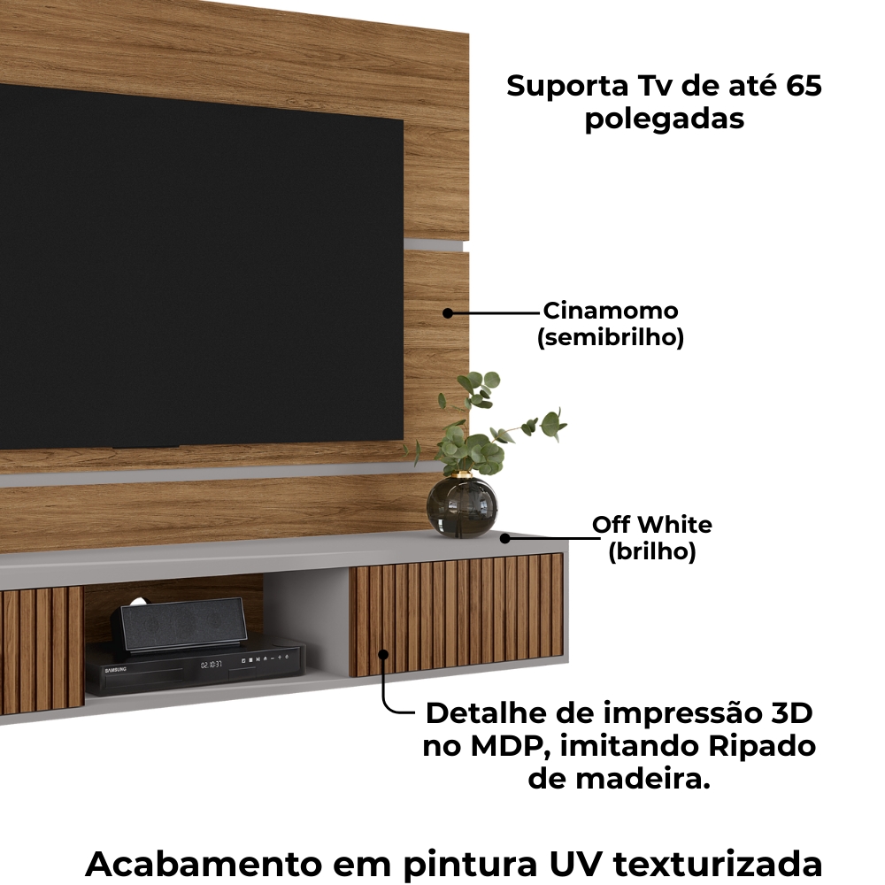 Painel Suspenso Tv 65 Pol 160 cm Ambar Cinamomo Off White BECHARA