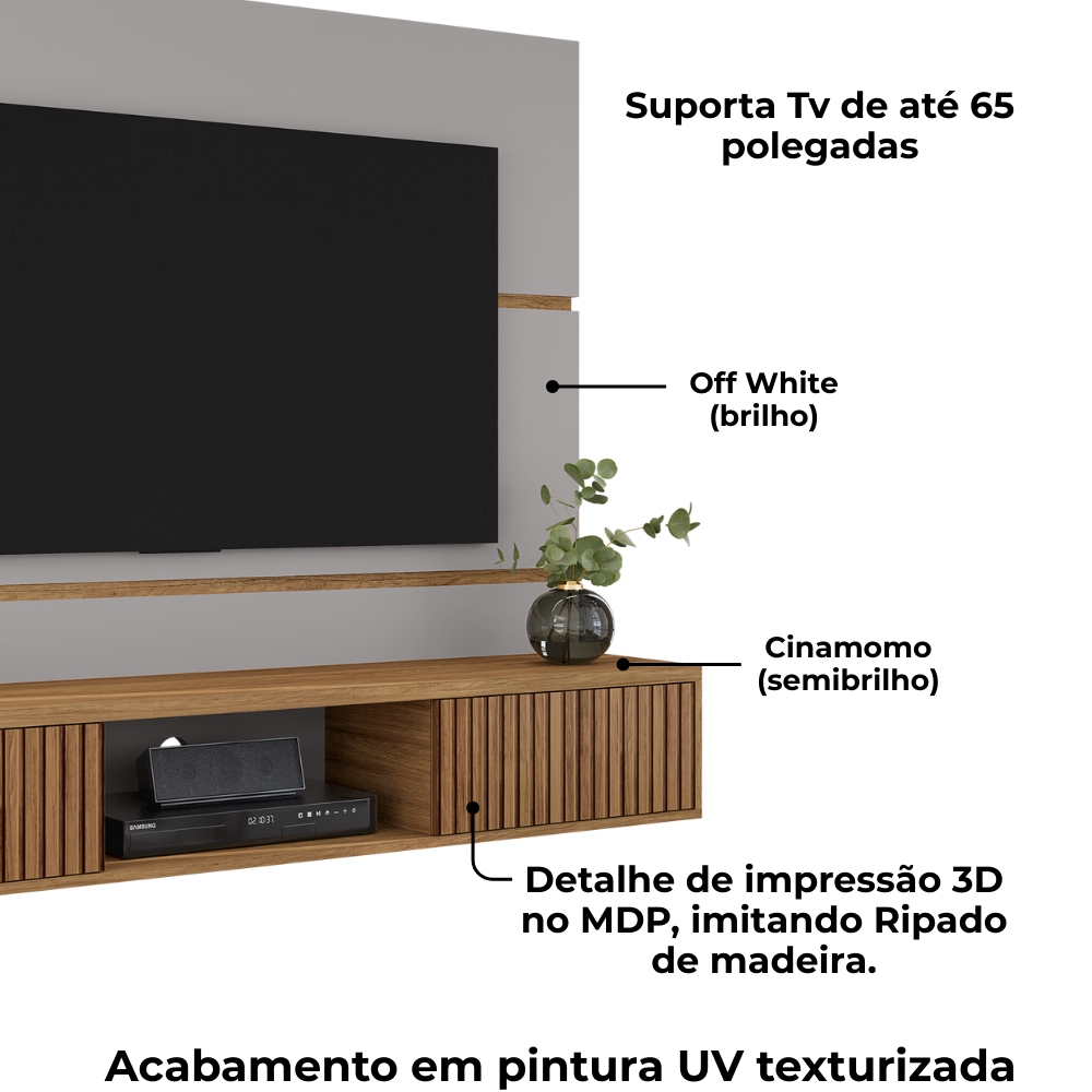 Painel Suspenso Tv 65 Pol 160 cm Ambar Off White Cinamomo BECHARA