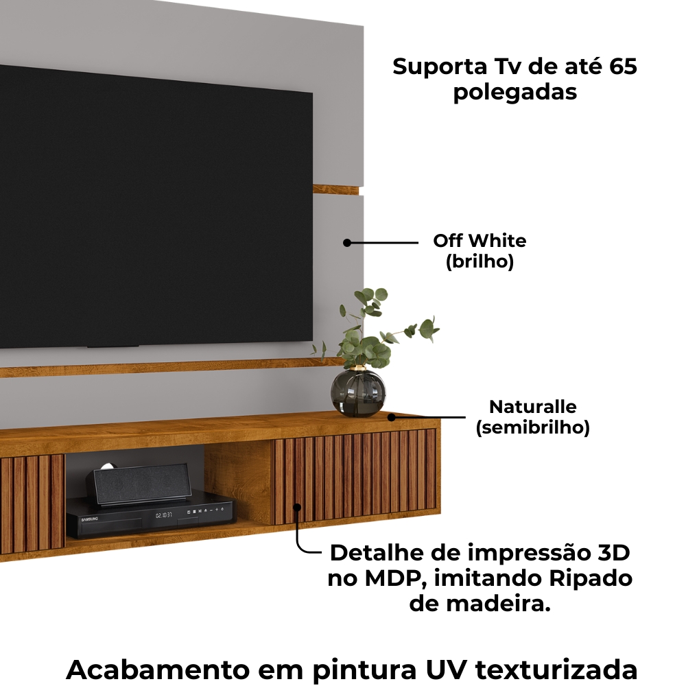 Painel Suspenso Tv 65 Pol 160 cm Ambar Off White Naturalle BECHARA
