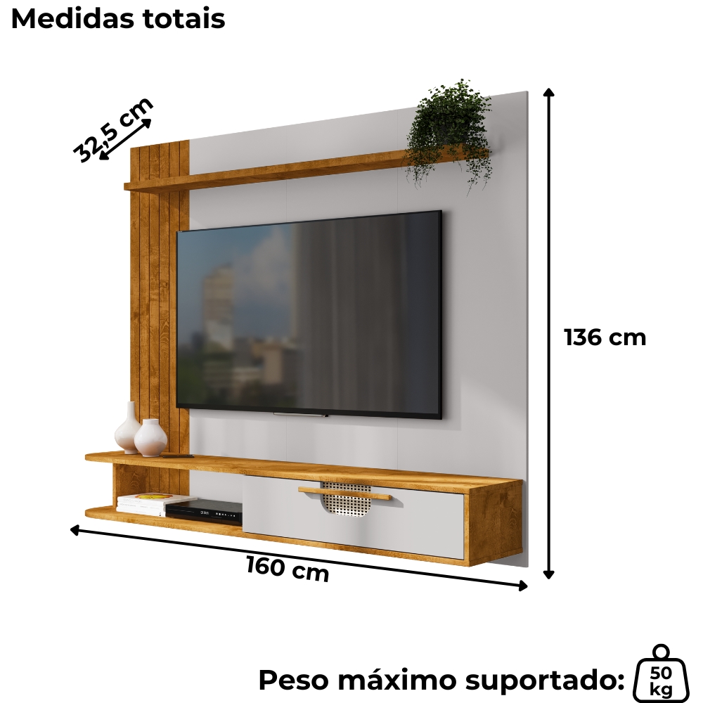 Painel Suspenso Tv 65 Pol 160 cm Jeri Naturalle Off White BECHARA