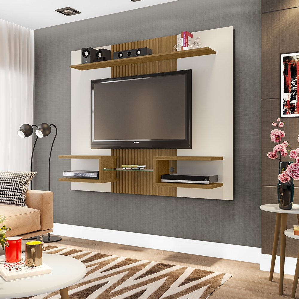 Painel para TV Lourosa Off White Cinomomo Pintura 3D Ripada