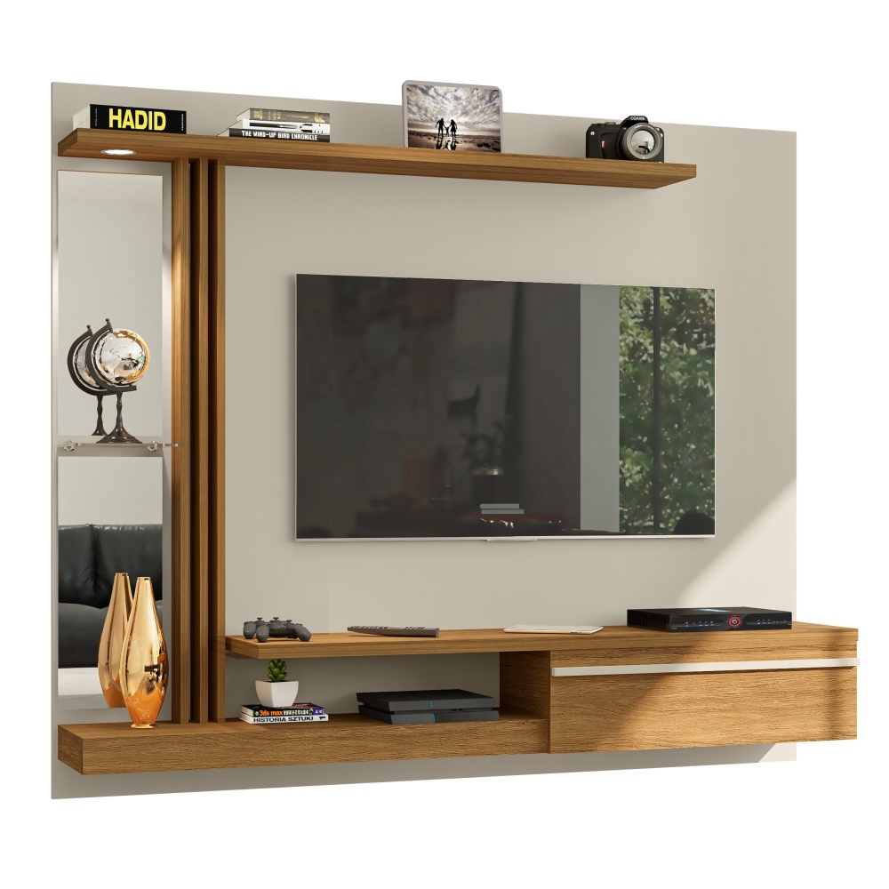 Painel para TV com Espelho e Led Thalita Off White Cinamomo