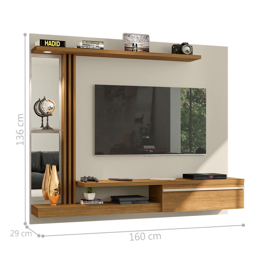 Painel para TV com Espelho e Led Thalita Off White Cinamomo