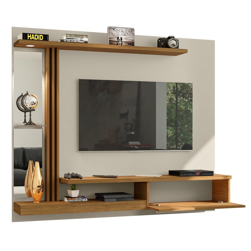 Painel para TV com Espelho e Led Thalita Off White Cinamomo