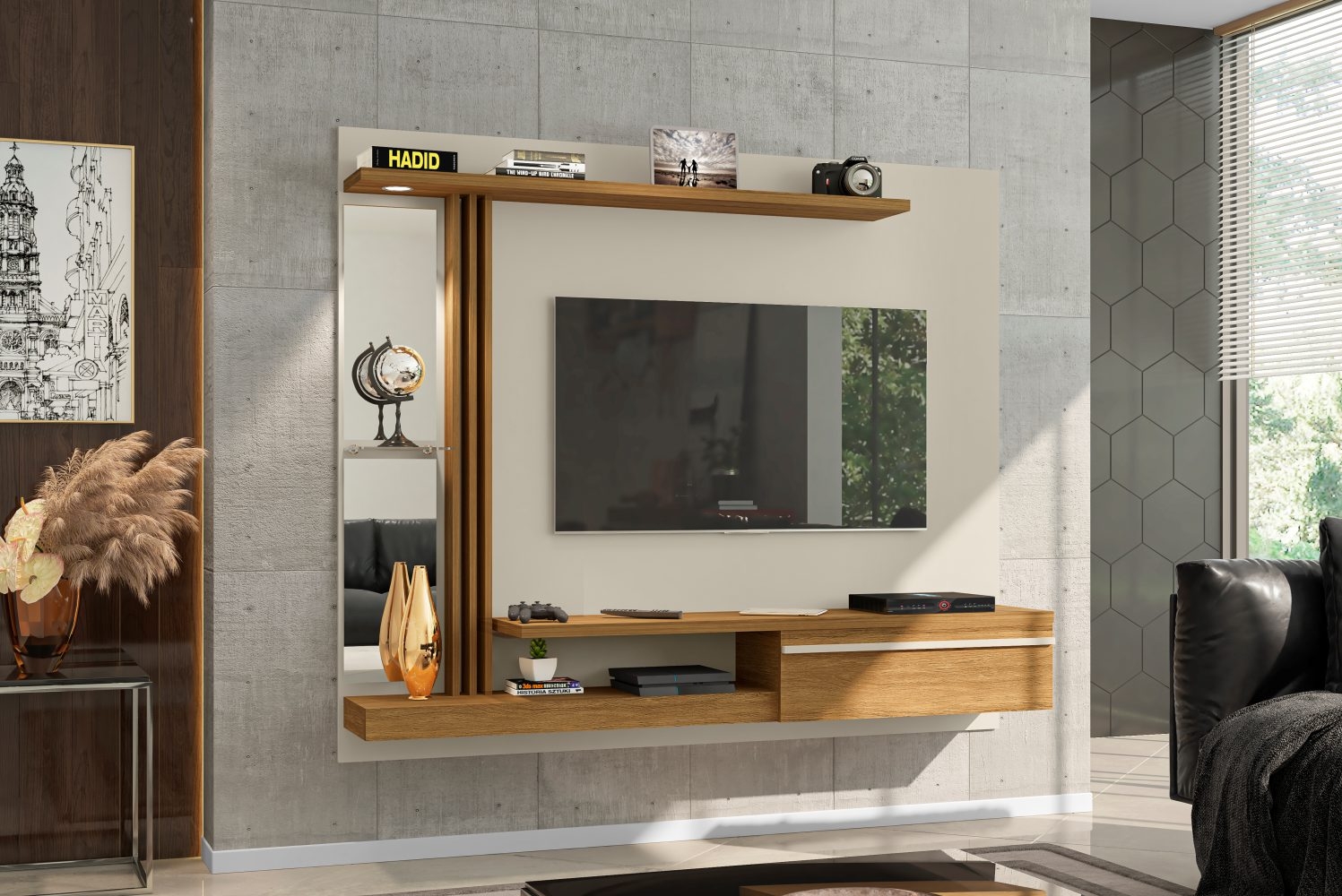 Painel para TV com Espelho e Led Thalita Off White Cinamomo