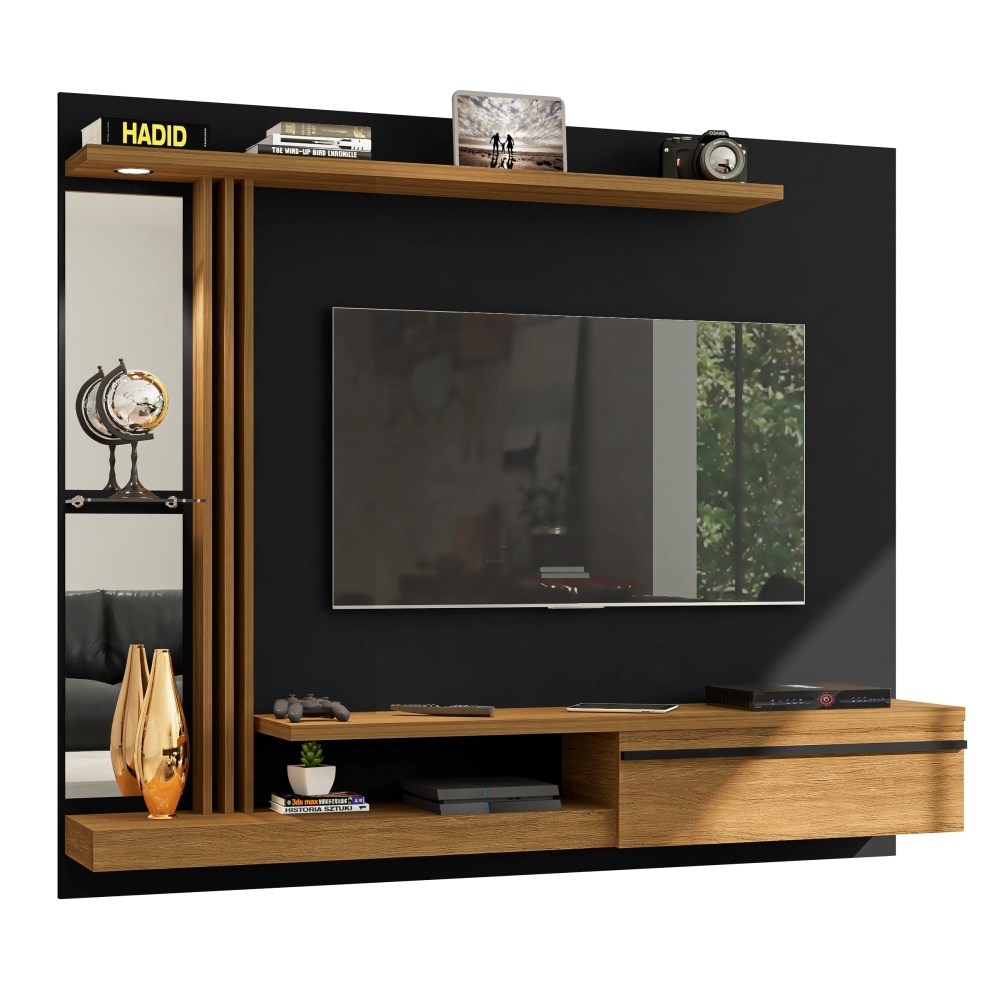 Painel para TV com Led e Espelho Heroe Preto Cinamomo