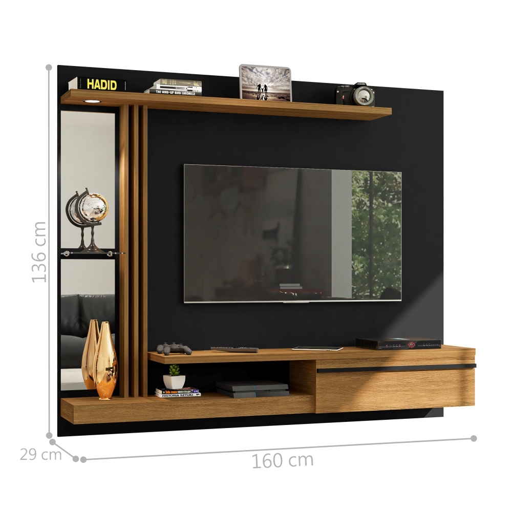 Painel para TV com Led e Espelho Heroe Preto Cinamomo