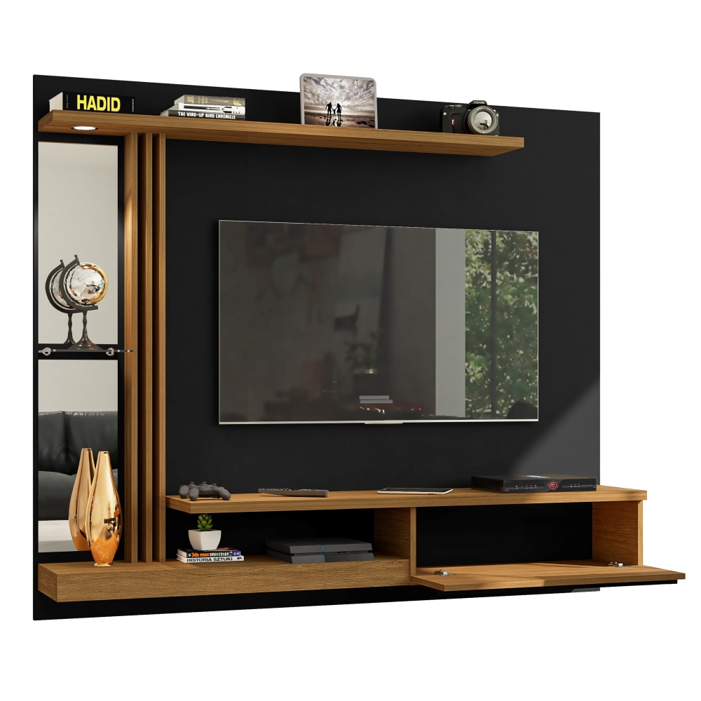 Painel para TV com Led e Espelho Heroe Preto Cinamomo