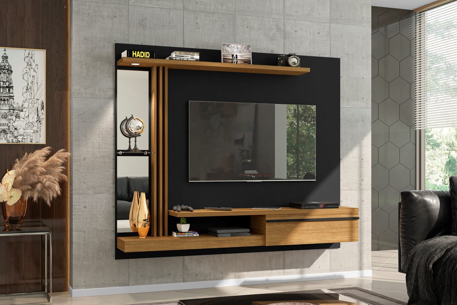 Painel para TV com Led e Espelho Heroe Preto Cinamomo
