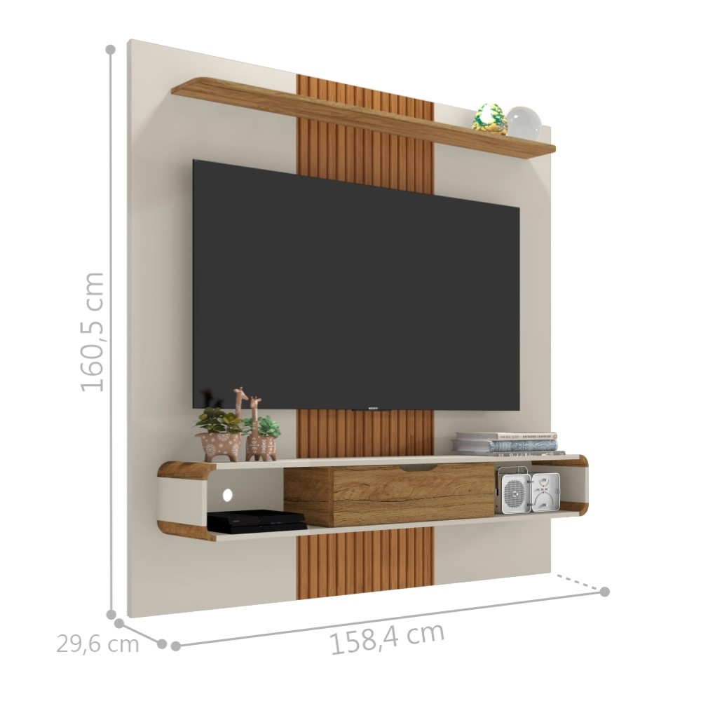 Painel para TV com Nichos Eleonor Off White Cinamomo Efeito Ripado