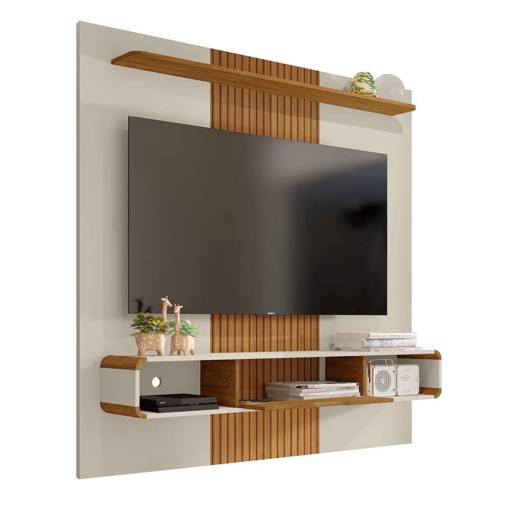 Painel para TV com Nichos Eleonor Off White Cinamomo Efeito Ripado