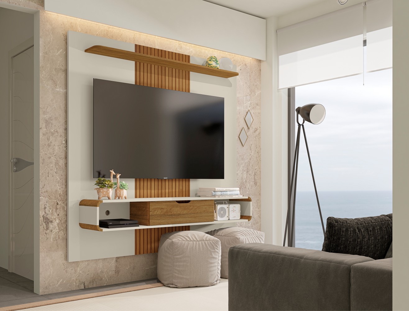 Painel para TV com Nichos Eleonor Off White Cinamomo Efeito Ripado