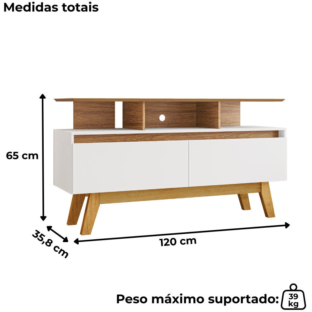 Rack Bancada Tv 50 Pol 120 cm Rubi Cinamomo Branco BECHARA