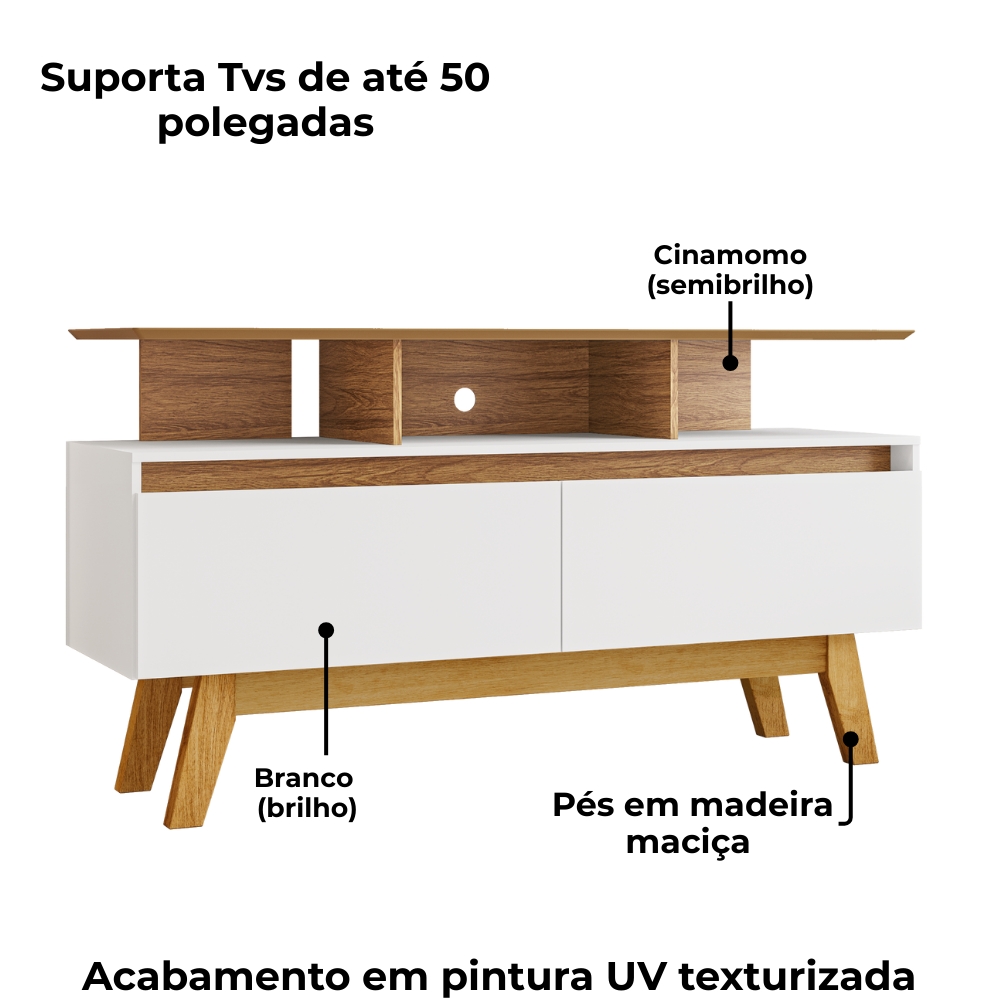 Rack Bancada Tv 50 Pol 120 cm Rubi Cinamomo Branco BECHARA
