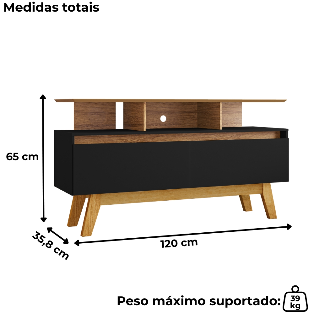 Rack Bancada Tv 50 Pol 120 cm Rubi Cinamomo Preto BECHARA