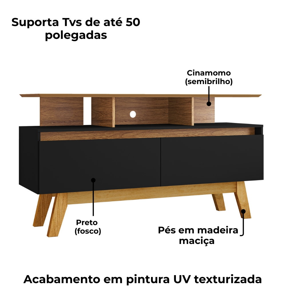 Rack Bancada Tv 50 Pol 120 cm Rubi Cinamomo Preto BECHARA