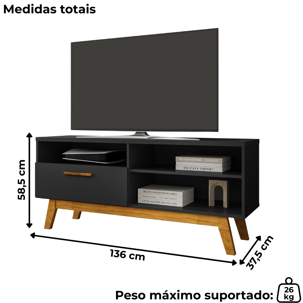 Rack Bancada Tv 55 Pol 136 cm Paladio Preto Fosco BECHARA