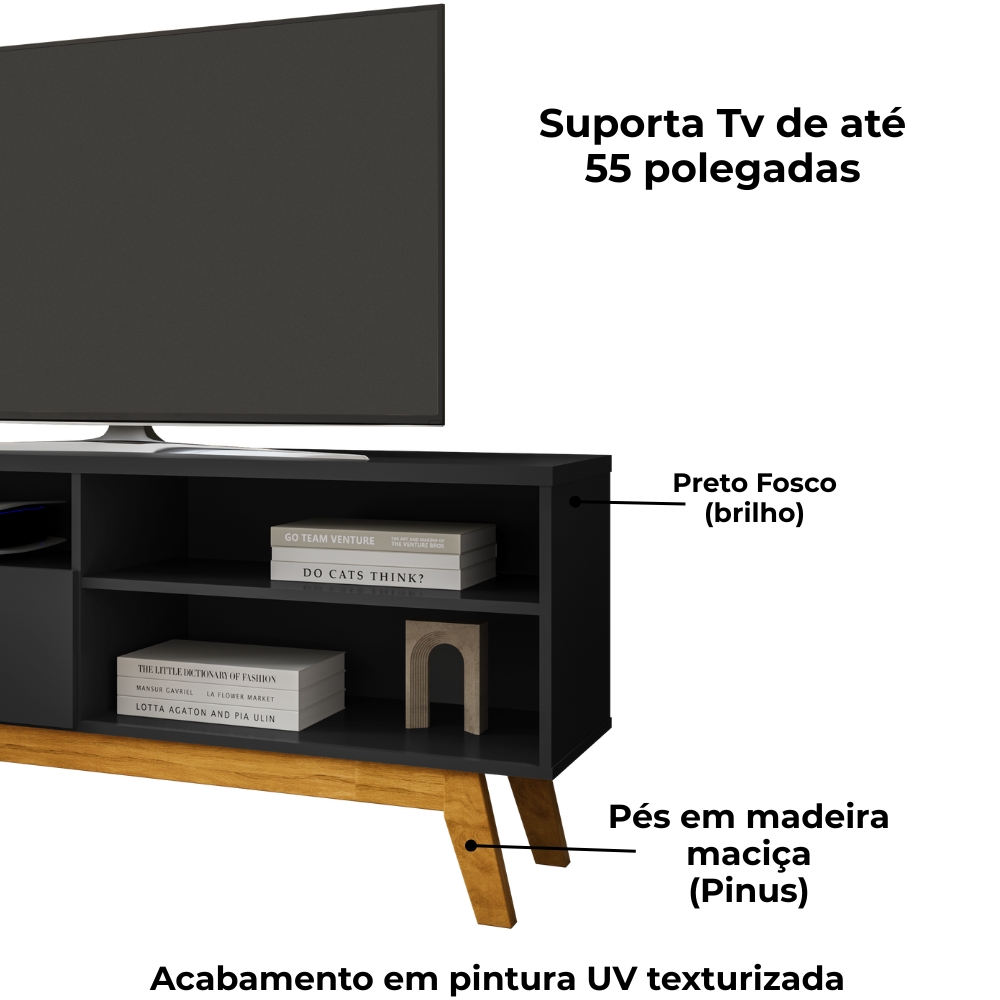 Rack Bancada Tv 55 Pol 136 cm Paladio Preto Fosco BECHARA