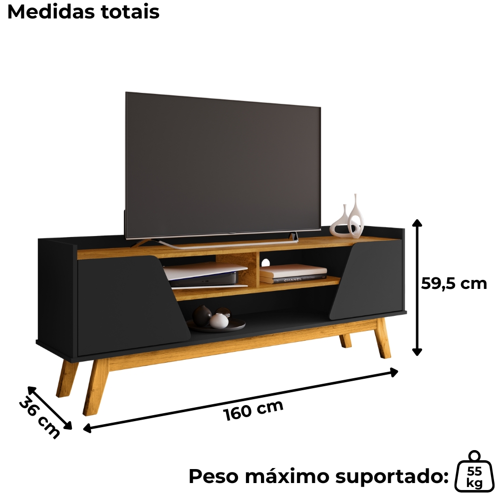Rack Bancada Tv 65 Pol 160 cm Turim Preto Fosco Naturalle BECHARA