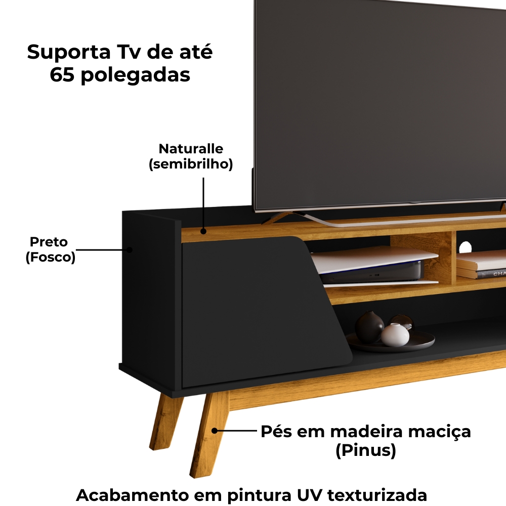 Rack Bancada Tv 65 Pol 160 cm Turim Preto Fosco Naturalle BECHARA