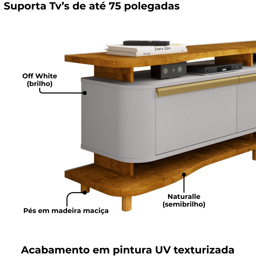 Rack Bancada Tv 75 Pol 180 cm Guarapari Naturalle Off White BECHARA