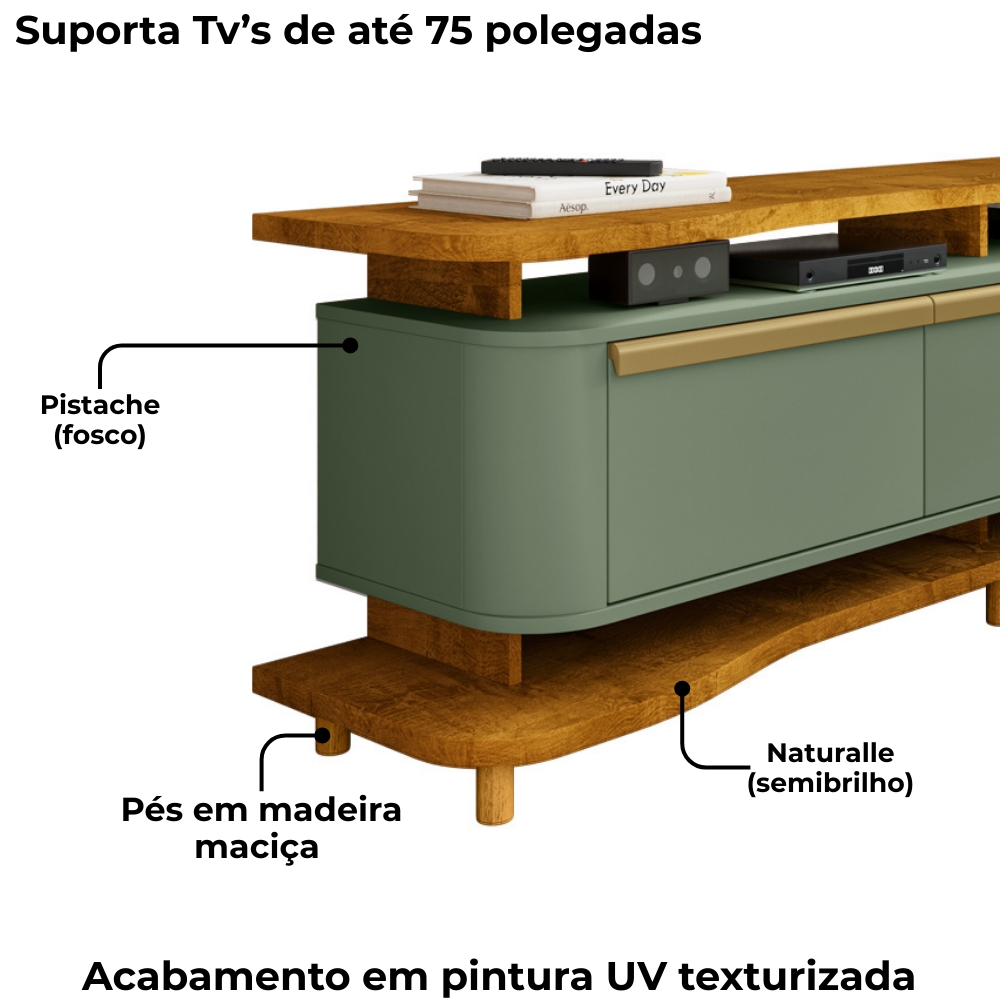 Rack Bancada Tv 75 Pol 180 cm Guarapari Naturalle Pistache BECHARA