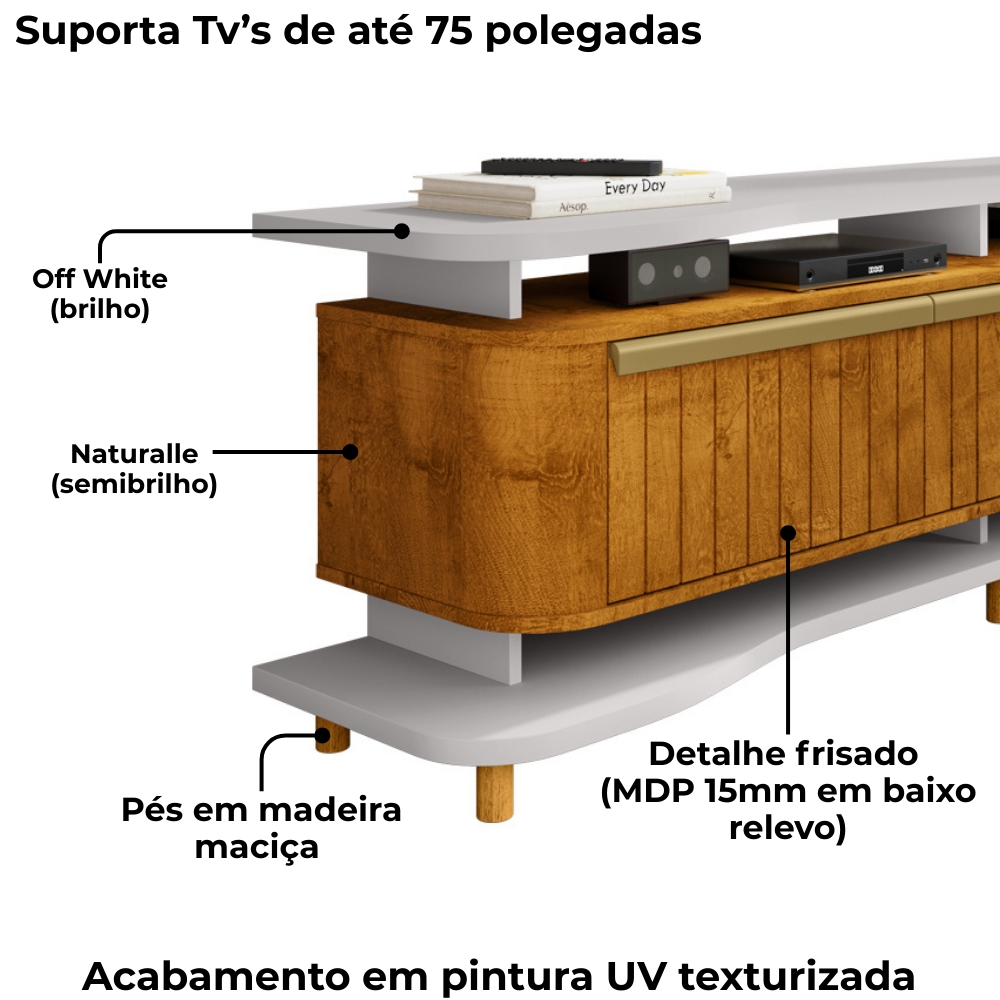 Rack Bancada Tv 75 Pol 180 cm Guarapari Off White Naturalle BECHARA