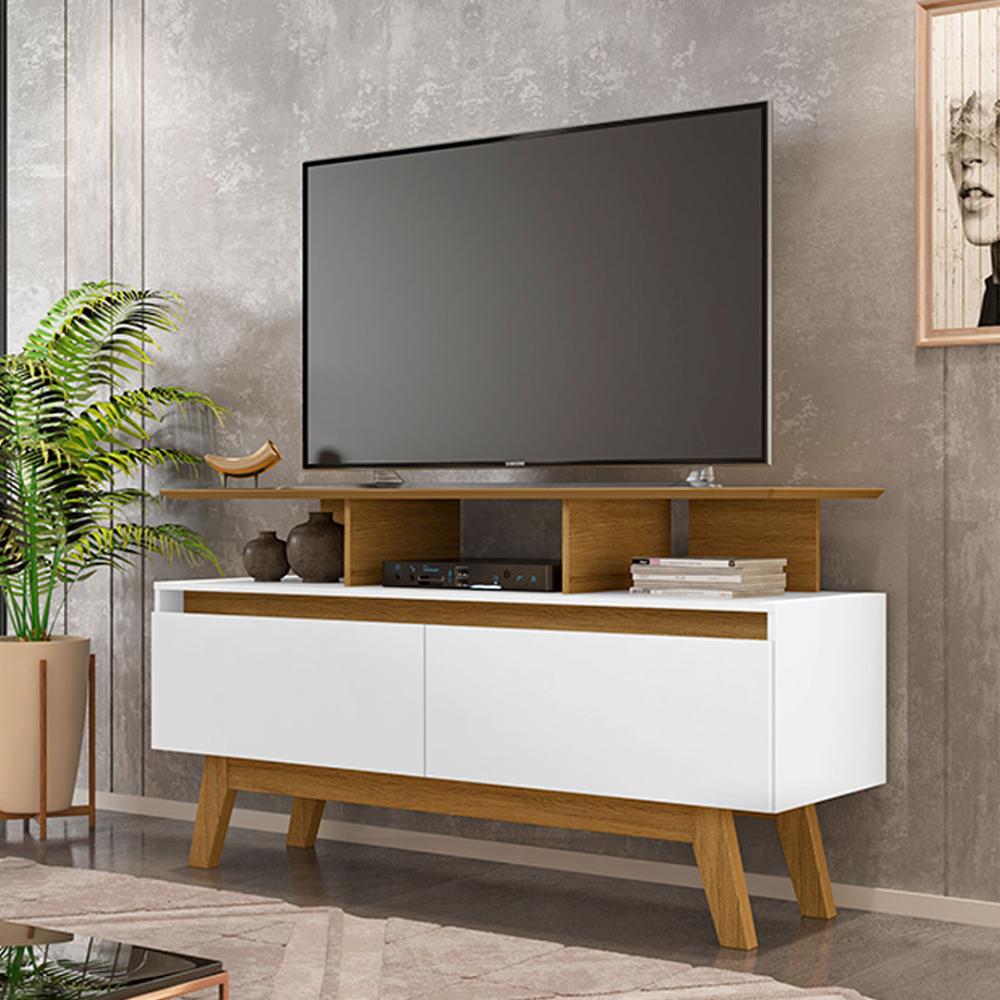 Rack Sala Rubi 1.2 para TV até 50 2 Portas Pé Madeira Macica Cinamomo/Branco